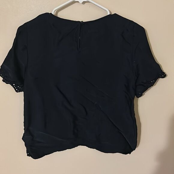 Zara Black Satin Short Sleeve Eyelet Blouse medium - Picture 4 of 5